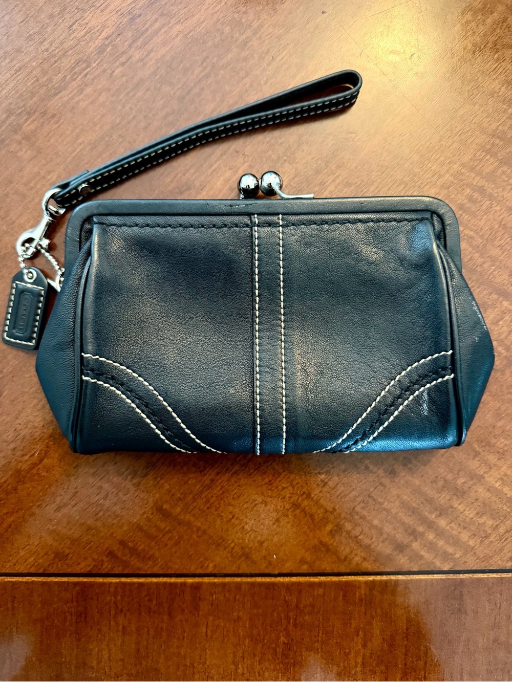 Coach Black Leather Kiss-Lock Wristlet with White Stitching and Silver Hardware